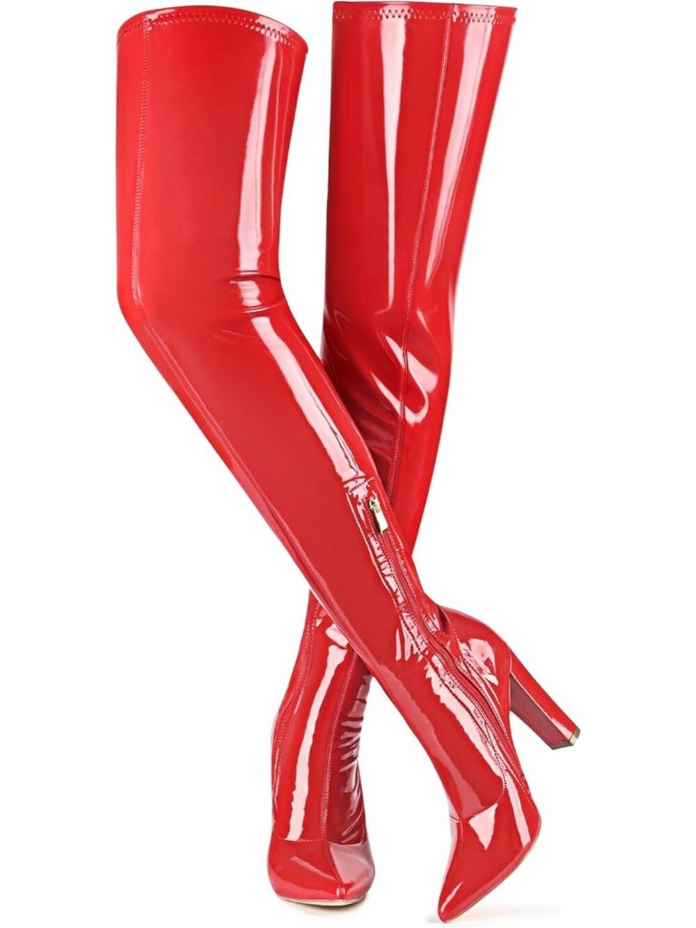 Women's Red Patent Leather Pointed Toe Chunky Heel Over The Knee Gogo Boots